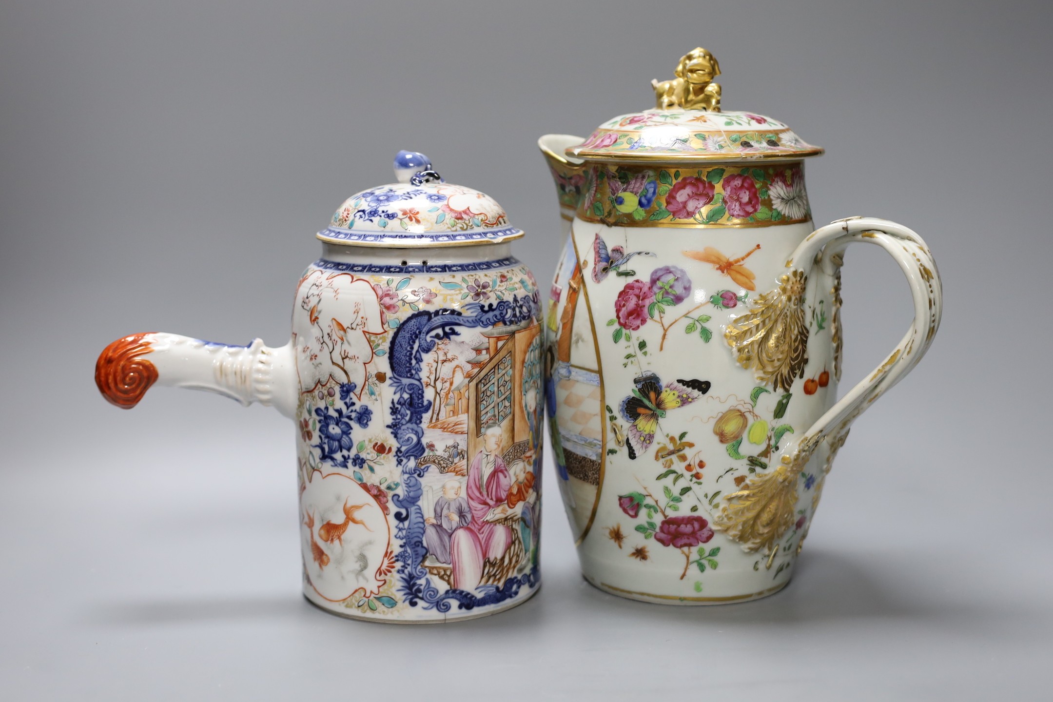 An 18th century Chinese export chocolate pot and cover, together with a Cantonese lidded jug, 26cm tall